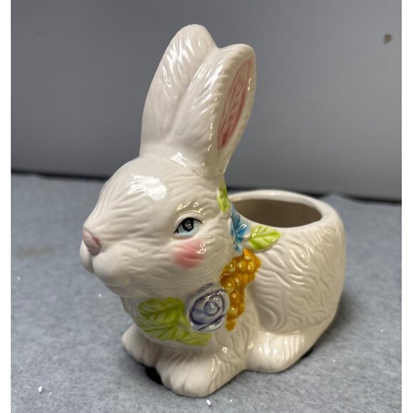 Ceramic Bunny Planter with Floral Accents Figurine - Picture 8 of 9
